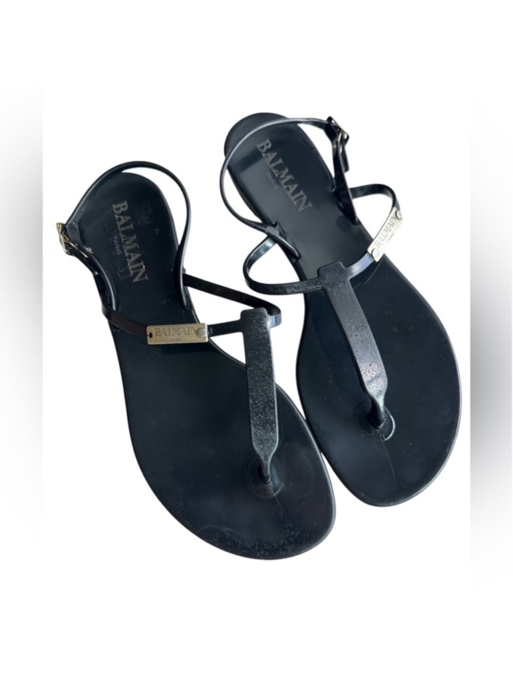 Balmain Black Jelly T-Strap Sandals with Metallic Accent Size 38